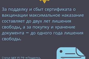 изготовление и продажа поддельных сертификатов о вакцинации против COVID-19, которое предусматривает уголовную ответственность